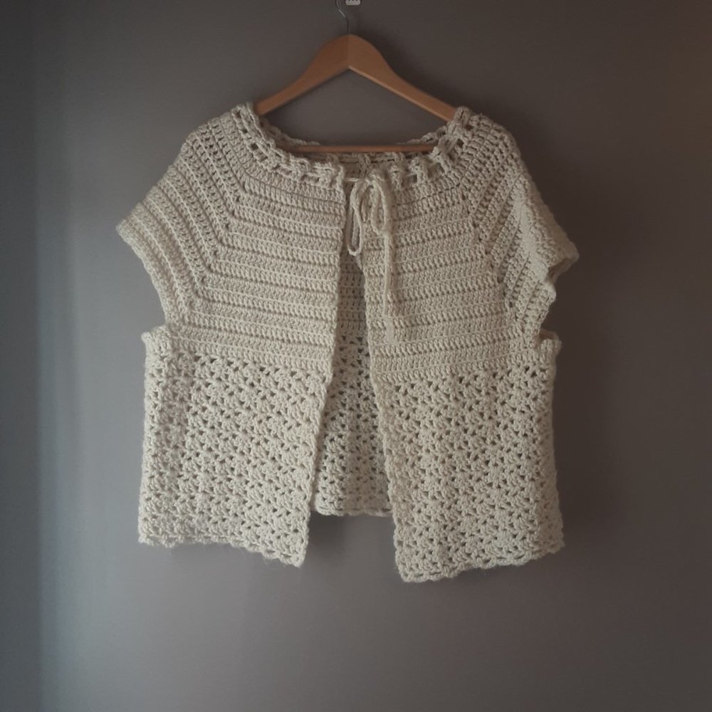 Vintage Handmade Cream Crochet Vest Shawl Sweater